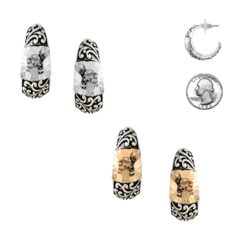 ORNATE FIIGREE HOOP PIERCED EARRINGS. SILVER, TWO TONE. SOLD IN SETS OF 2 ONLY