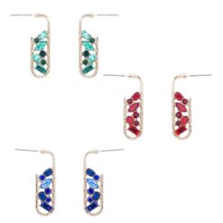 GOLD & CRYSTAL CASCADE HOOP PIERCED EARRINGS. RED, GREEN, BLUE. SOLD IN SETS OF 3 ONLY