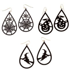 HALLOWEEN BLACK TEARDROP PIERCED EARRINGS. WEB, JACK-O-LANTERN, WITCH. SOLD IN SETS OF 3 ONLY