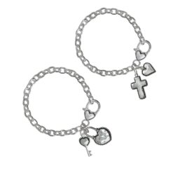 SILVER TAILORED CHARM BRACELET. HEART/KEY, CROSS/HEART. SOLD IN SETS OF 2 ONLY
