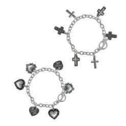 SILVER TAILORED CHARM TOGGLE BRACELET. HEARTS, CROSSES. SOLD IN SETS OF 2 ONLY