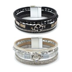 CLOVER CRYSTAL MULTI STRAND MAGNETIC WRAP BRACELET. BLACK, SILVER. SOLD IN SETS OF 2 ONLY