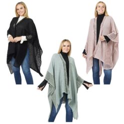 CHENILLE TEXTURE RUANA. BLACK, PINK, SAGE. SOLD IN SETS OF 3 ONLY