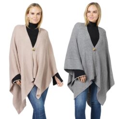 RIBBED KNIT RUANA/PONCHO WITH BUTTONS. BEIGE, GREY. SOLD IN SETS OF 2 ONLY