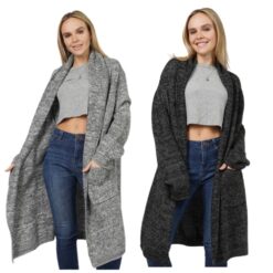 MID LENGTH KNIT CARDIGAN WITH POCKETS. LT. GREY, CHARCOAL. SOLD IN SETS OF 2 ONLY
