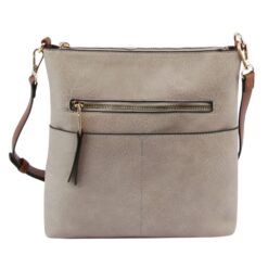 GREY CROSSBODY WITH CONTRASTING BROWN STRAP. 11.5X10.5X2.5