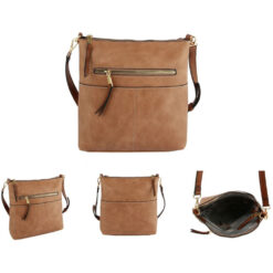 DARK BLUSH CROSSBODY WITH CONTRASTING BROWN STRAP. 11.5X10.5X2.5