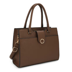 LT. COFFEE STRUCTURED SATCHEL WITH GOLD ACCENT. 12X9.5X5