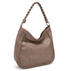 LARGE TAUPE WHIPSTITCH HOBO WITH BRAIDED HANDLE. 15.25X12.75X5.5