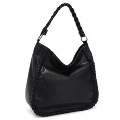 LARGE BLACK WHIPSTITCH HOBO WITH BRAIDED HANDLE. 15.25X12.75X5.5