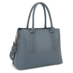 BLUE/GREY SATCHEL BAG WITH WHIPSTITCH DETAIL. 12X9X5.9