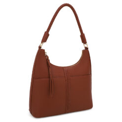 BROWN HOBO BAG WITH BRAIDED HANDLE. 12X11.5X4