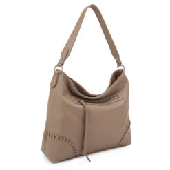 TAUPE STITCH-DETAIL SLOUCHY HOBO BAG. 14X12X4.25