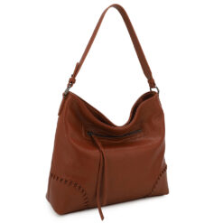 BROWN STITCH-DETAIL SLOUCHY HOBO BAG. 14X12X4.25
