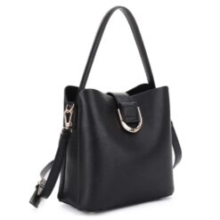 BLACK BUCKLE ACCENT BAG WITH DETACHABLE STRAP. 9x9x4.75