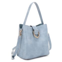 DENIM BUCKLE ACCENT BAG WITH DETACHABLE STRAP. 9x9x4.75