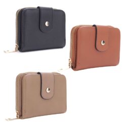 SMALL ZIP WALLET WITH SNAP CLOSURE. 4.4X3.6X1.5. BLACK, BROWN, TAUPE. SOLD IN SETS OF 3 ONLY