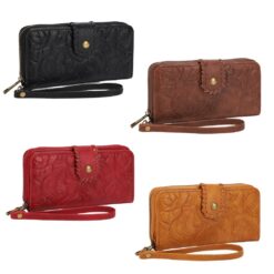 TOOLED ZIP WALLET WITH DETACHABLE WRIST STRAP. 7.5x3.75x1 BLACK, BROWN, RED, CAMEL. SOLD IN SETS OF 4 ONLY.
