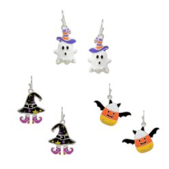 HALLOWEEN ENAMEL PIERCED EARRINGS. GHOST, WITCH, BAT. SOLD IN SETS OF 3 ONLY