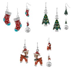 3D ENAMEL CHRISTMAS PIERCED EARRINGS WITH CRYSTALS. STOCKING, TREE, REINDEER. SOLD IN SETS OF 3 ONLY