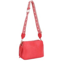 RED MULTI COMPARTMENT CROSSBODY WITH GUITAR STRAP. 9.5X3.75X7.25