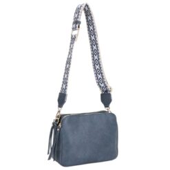 DUSTY COBALT MULTI COMPARTMENT CROSSBODY WITH GUITAR STRAP. 9.5X3.75X7.25