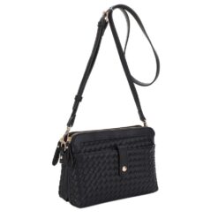 BLACK WOVEN DOUBLE COMPARTMENT CROSSBODY. 9.5X2.5X6.25