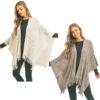 HERRINGBONE KNIT FRINGE RUANA. IVORY, GREY. SOLD IN SETS OF 2 ONLY.
