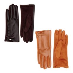FAUX LEATHER GLOVES WITH BOW ACCENT. DARK BROWN, CAMEL. SOLD IN SETS OF 2 ONLY