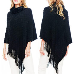 BLACK FAUX FUR NECK PONCHO WITH FRINGE