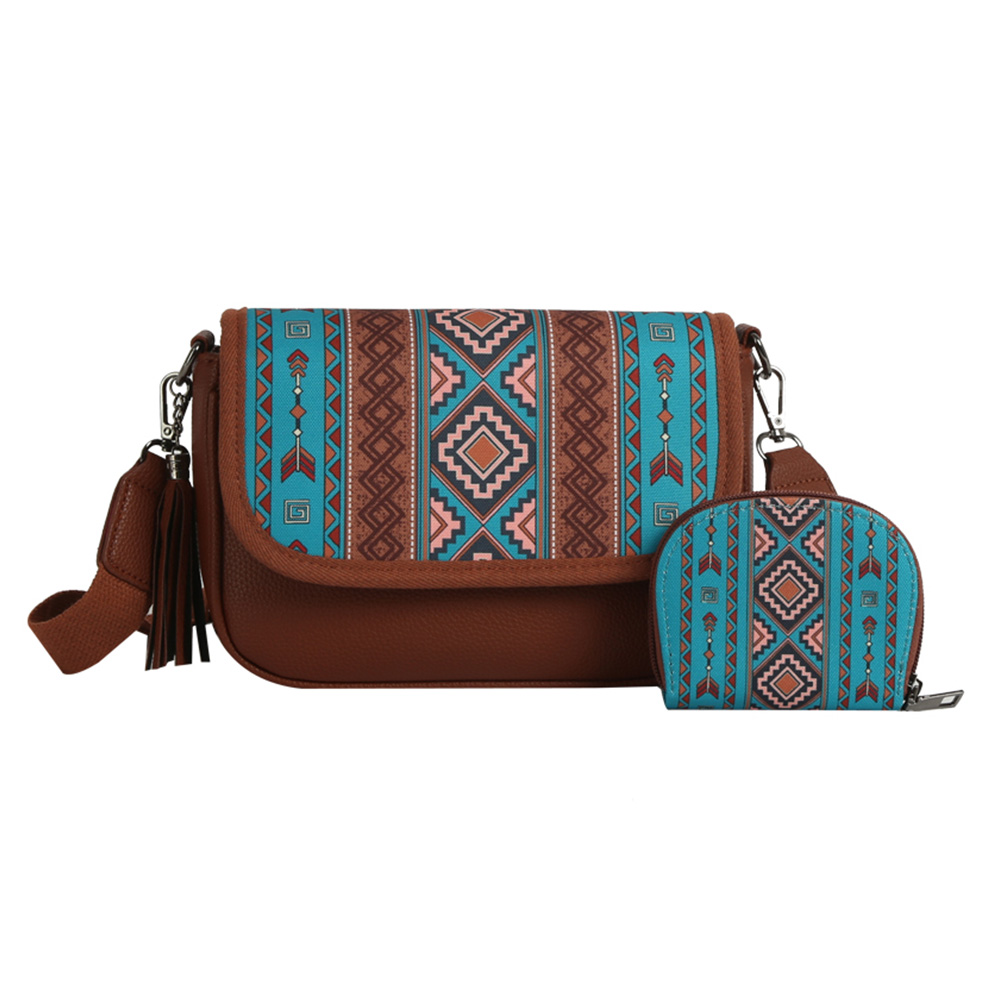 TURQUOISE SOUTHWESTERN PRINT 2-IN-1 CROSSBODY & WALLET. 8.8×5.9×2.7