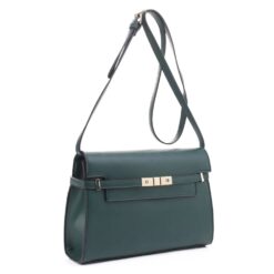 GREEN STRUCTURED BELT LOCK FLAP SHOULDER BAG. 11.5X3.5X8.25