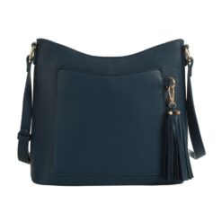 DARK BLUE FRONT POCKET TASSEL ACCENT CROSSBODY. 10X9.5X3.5