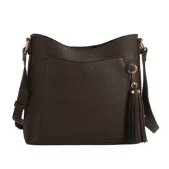 COFFEE FRONT POCKET TASSEL ACCENT CROSSBODY. 10X9.5X3.5