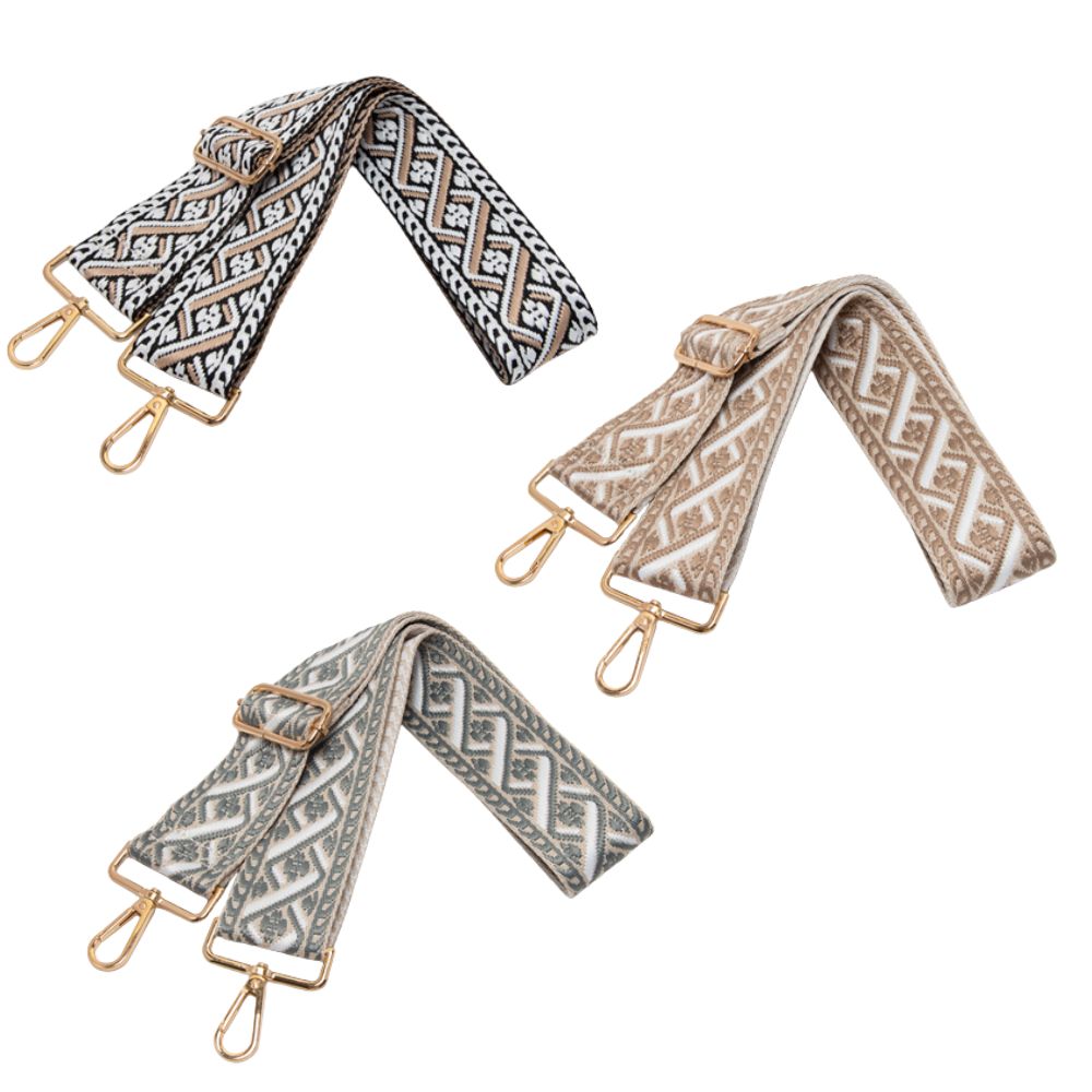 ADJUSTABLE WOVEN CROSSBODY STRAP. BEIGE/BLACK, BEIGE/BROWN, BEIGE/GREY. 3 COLOR PACK.