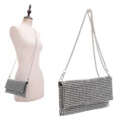 SILVER CRYSTAL EVENING BAG DETACHABLE CHAIN STRAP. 9.2x5x1