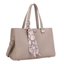 GREY DUAL STRAP TOTE WITH SCARF ACCENT. 12X8.5X4.5
