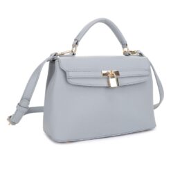 BLUE/GREY STUCTURED SATCHEL WITH GOLD LOCK. 10X8X4