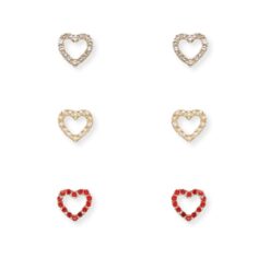 CRYSTAL HEART POST PIERCED EARRINGS. CLEAR, PEARL, RED. SOLD IN SETS OF 3 ONLY. GREAT FOR VALENTINE'S DAY!