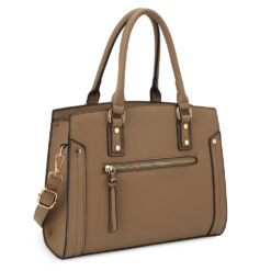 TAUPE SATCHEL WITH STUD AND FRONT ZIPPER POCKET DETAIL. 12X9.5X4.75