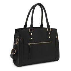 BLACK SATCHEL WITH STUD AND FRONT ZIPPER POCKET DETAIL. 12X9.5X4.75