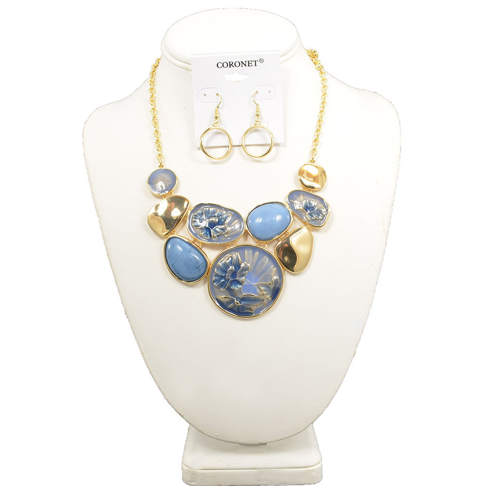 GOLD/BLUE ENAMEL STATEMENT NECKLACE SET