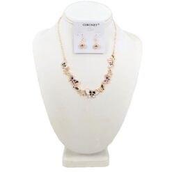 GOLD LAVENDER/IVORY & CRYSTAL ENAMEL BUTTERFLY NECKLACE SET