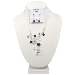 SILVER BLACK/WHITE/CRYSTAL FLORAL ENAMEL NECKLACE SET