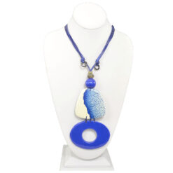 LONG BLUE DONUT PENDANT ON ADJUSTABLE BLUE CORD NECKLACE