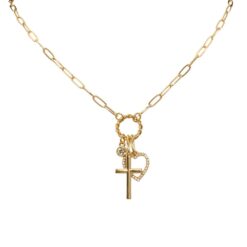 GOLD CROSS/HEART/CRYSTAL CHARM NECKLACE