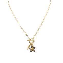 GOLD TOGGLE CHAIN WITH STARFISH, FISH, & CRYSTALS CHARMS NECKLACE