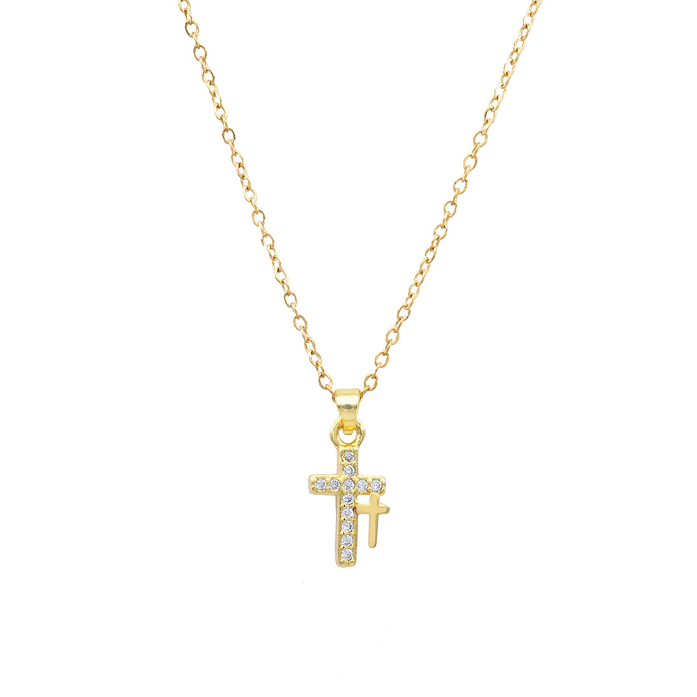 GOLD DELICATE CZ DOUBLE CROSS PENDANT NECKLACE