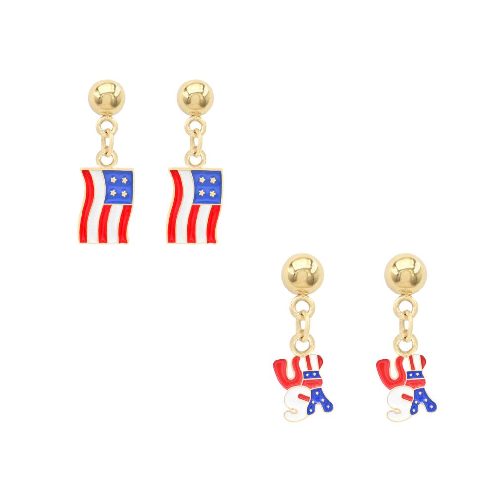 GOLD RED/WHITE/BLUE ENAMEL PATRIOTIC PIERCED EARRINGS. SOLD IN SETS OF 2 ONLY. SEE 41265 FOR MATCHING NECKLACES