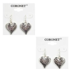 ANTIQUE SILVER ETCHED DESIGN HEART PIERCED EARRINGS. SOLD IN SETS OF 2 ONLY